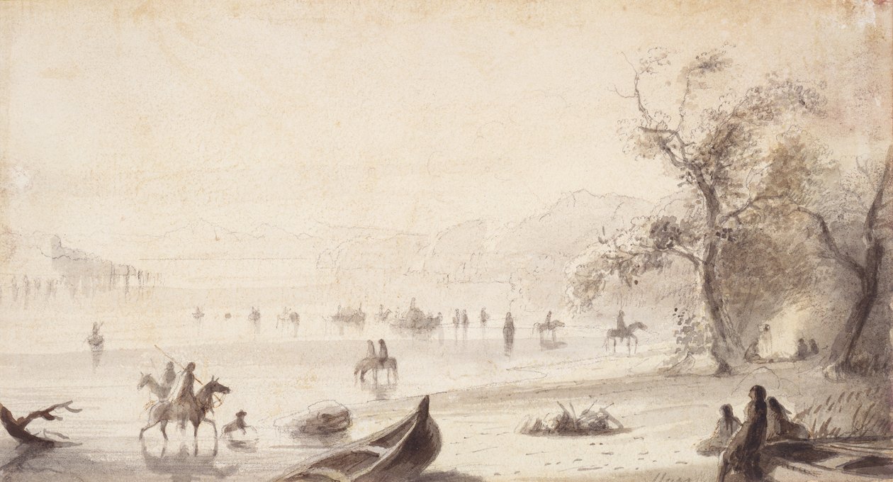 زورق الثور عبر Platte ، حوالي عام 1837 (رسم على الورق) بواسطة ألفريد جاكوب ميلر