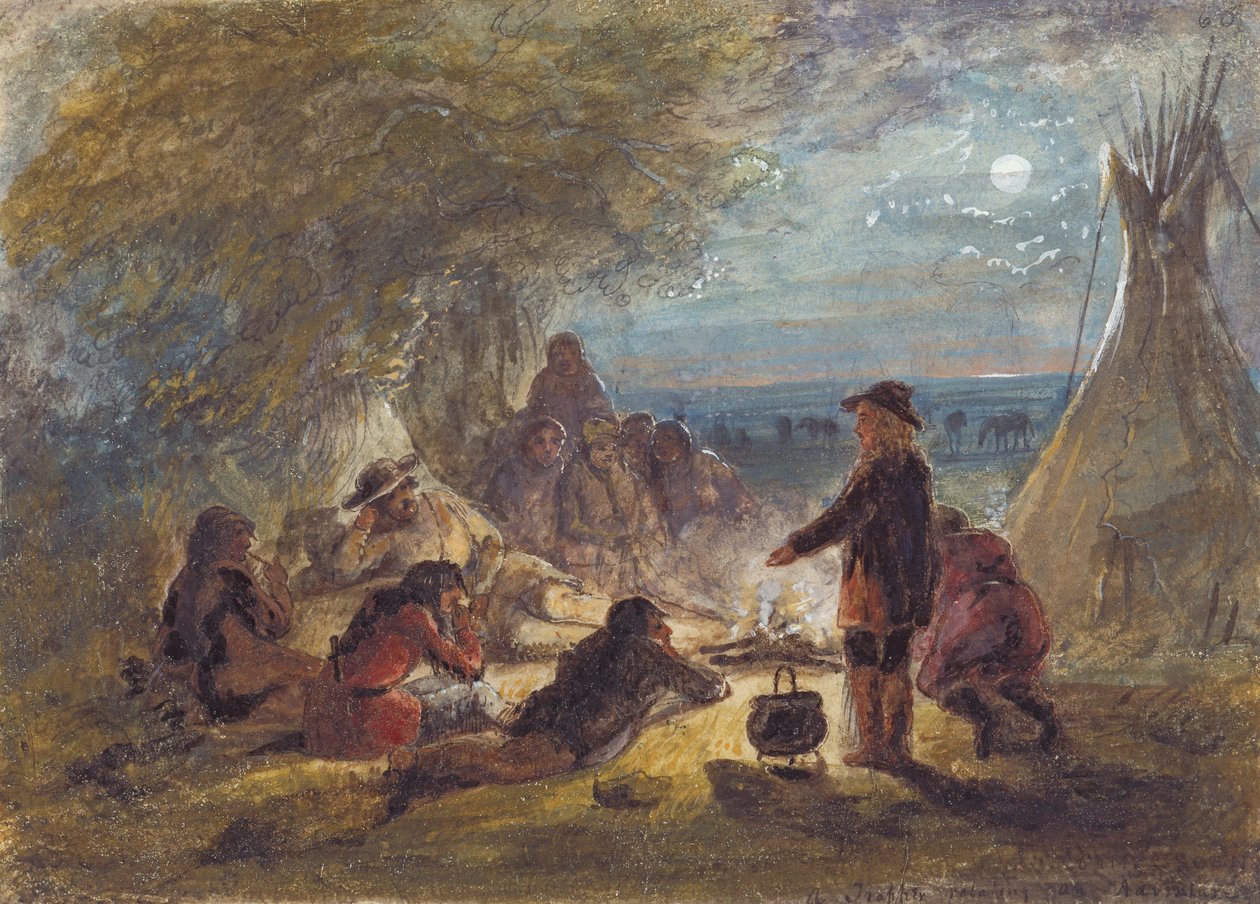 حريق المعسكر في الليل صياد يتحدث عن مغامرة ، حوالي 1858 (قلم رصاص وقلم حبر وحبر وألوان مائية وغواش على ورق) بواسطة ألفريد جاكوب ميلر