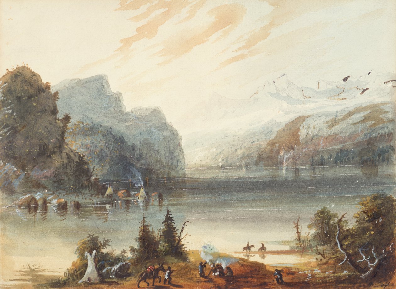 بحيرة السلسلة في جبال روكي ، حوالي عام 1837 (قلم رصاص وألوان مائية وغواش على ورق) بواسطة ألفريد جاكوب ميلر
