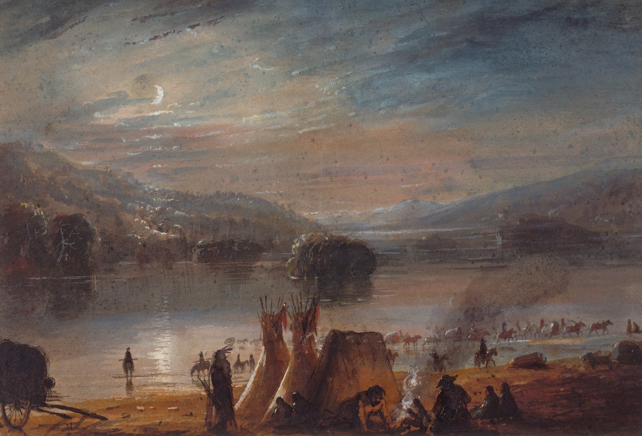 عبور النهر بضوء القمر ، صنع المعسكر ، حوالي 1858-60 (ألوان مائية على ورق) بواسطة ألفريد جاكوب ميلر