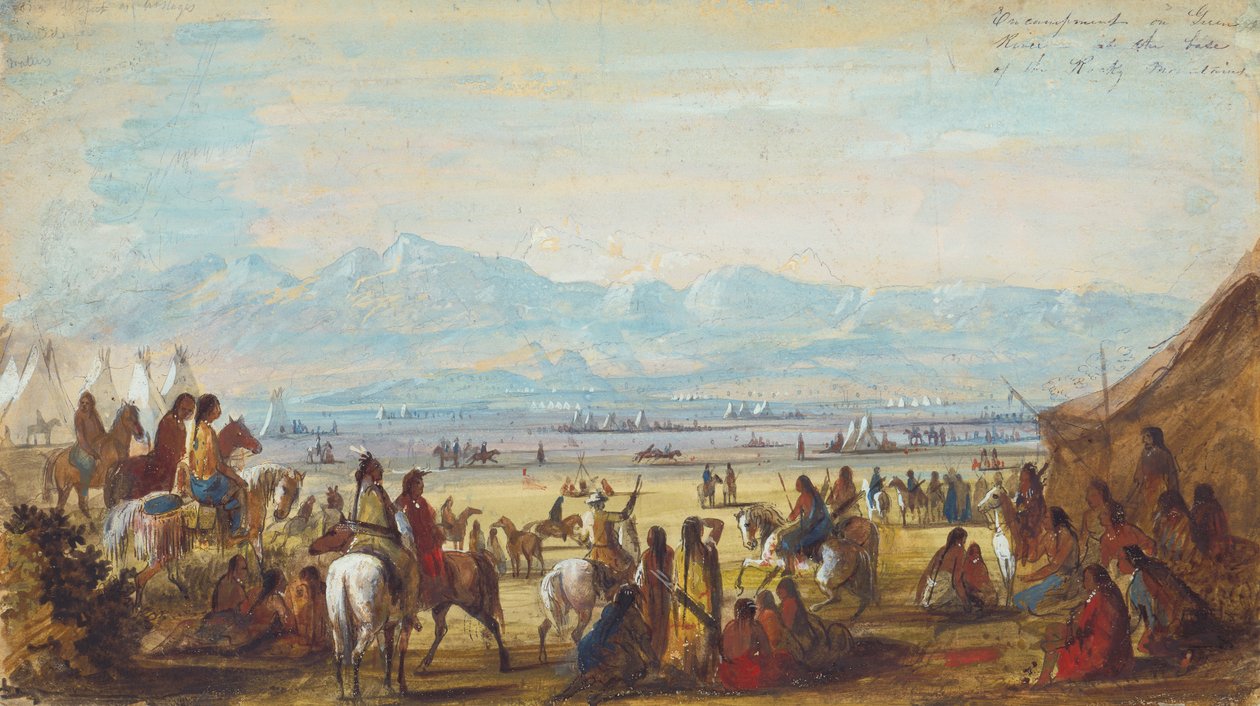 معسكر على النهر الأخضر في قاعدة جبال روكي ، حوالي عام 1837 (قلم رصاص وألوان مائية وغواش على ورق) بواسطة ألفريد جاكوب ميلر