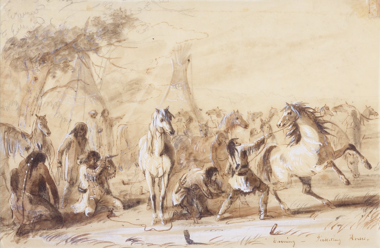 في المساء ، اصطياد الخيول ، حوالي 1837 (قلم رصاص ، غسيل و غواش على ورق) بواسطة ألفريد جاكوب ميلر