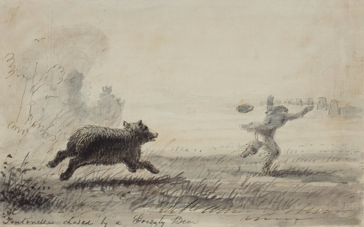 طارد فونتنيل من قبل دب أشيب ، حوالي عام 1837 (قلم وحبر وغسل على ورق) بواسطة ألفريد جاكوب ميلر