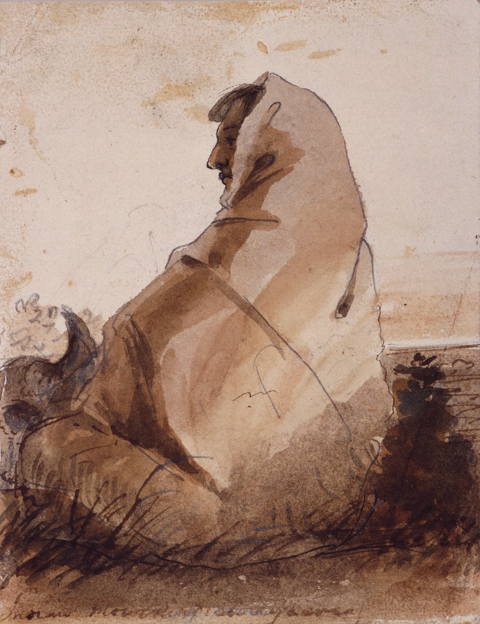 حداد هندي على قبر ، تم وضع علامة عليه بواسطة جمجمة الجاموس ، حوالي عام 1837 (قلم رصاص وقلم وحبر وغسل على ورق) بواسطة ألفريد جاكوب ميلر