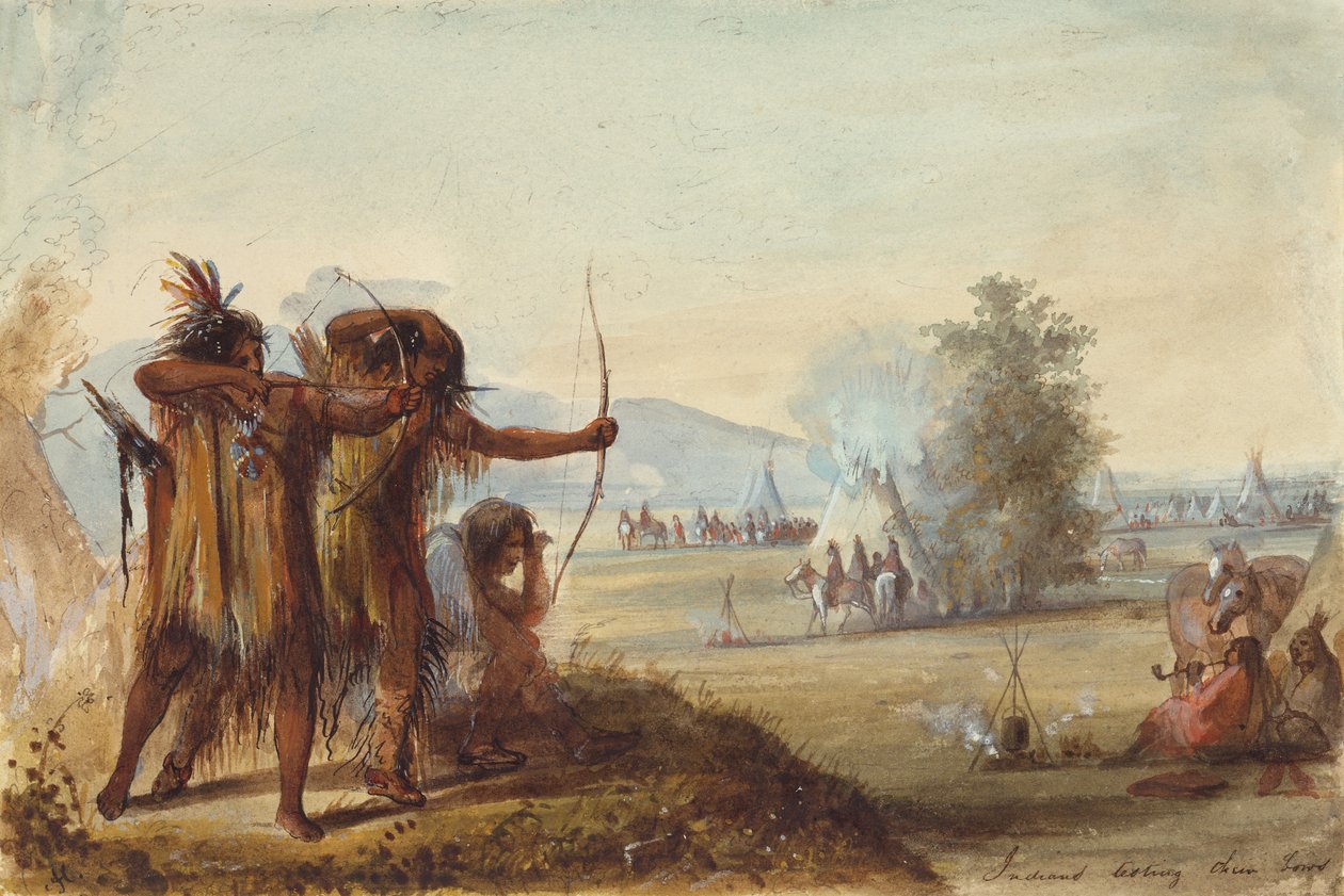 الهنود يختبرون أقواسهم ، حوالي 1858 (قلم رصاص وألوان مائية وغواش على ورق) بواسطة ألفريد جاكوب ميلر