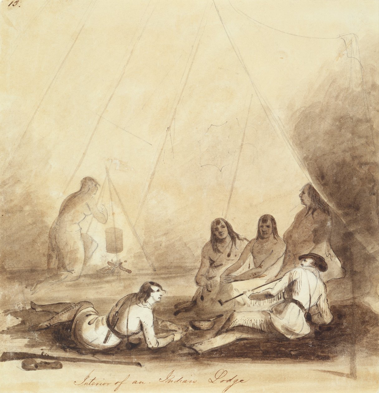 داخل نزل هندي ، حوالي عام 1837 (قلم رصاص وقلم حبر وحبر وغسل على ورق) بواسطة ألفريد جاكوب ميلر