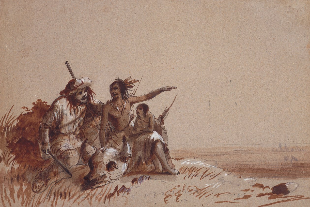 كانساس هندي يروي عن صياد ، بواسطة اللافتات ، هجرة الجاموس ، حوالي عام 1837 (قلم رصاص وألوان بني وأسود على ورق) بواسطة ألفريد جاكوب ميلر