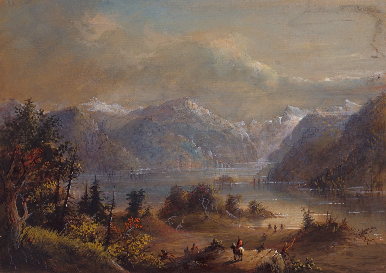مشهد البحيرة ، جبال Wind River ، حوالي عام 1837 (قلم رصاص وألوان مائية وغواش على ورق) بواسطة ألفريد جاكوب ميلر
