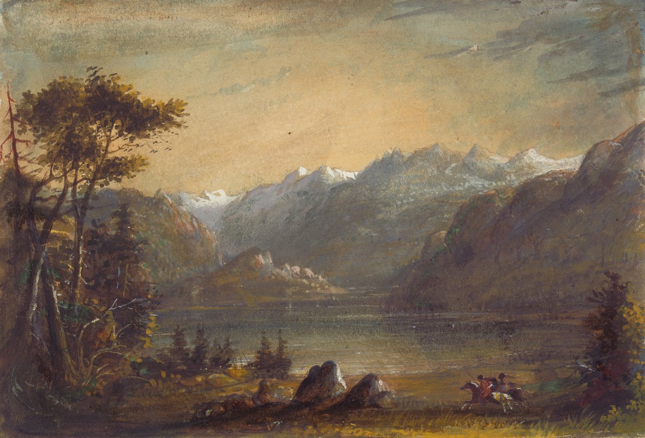 مشهد البحيرة ، جبال Wind River ، حوالي عام 1837 (ألوان مائية وغواش على ورق) بواسطة ألفريد جاكوب ميلر