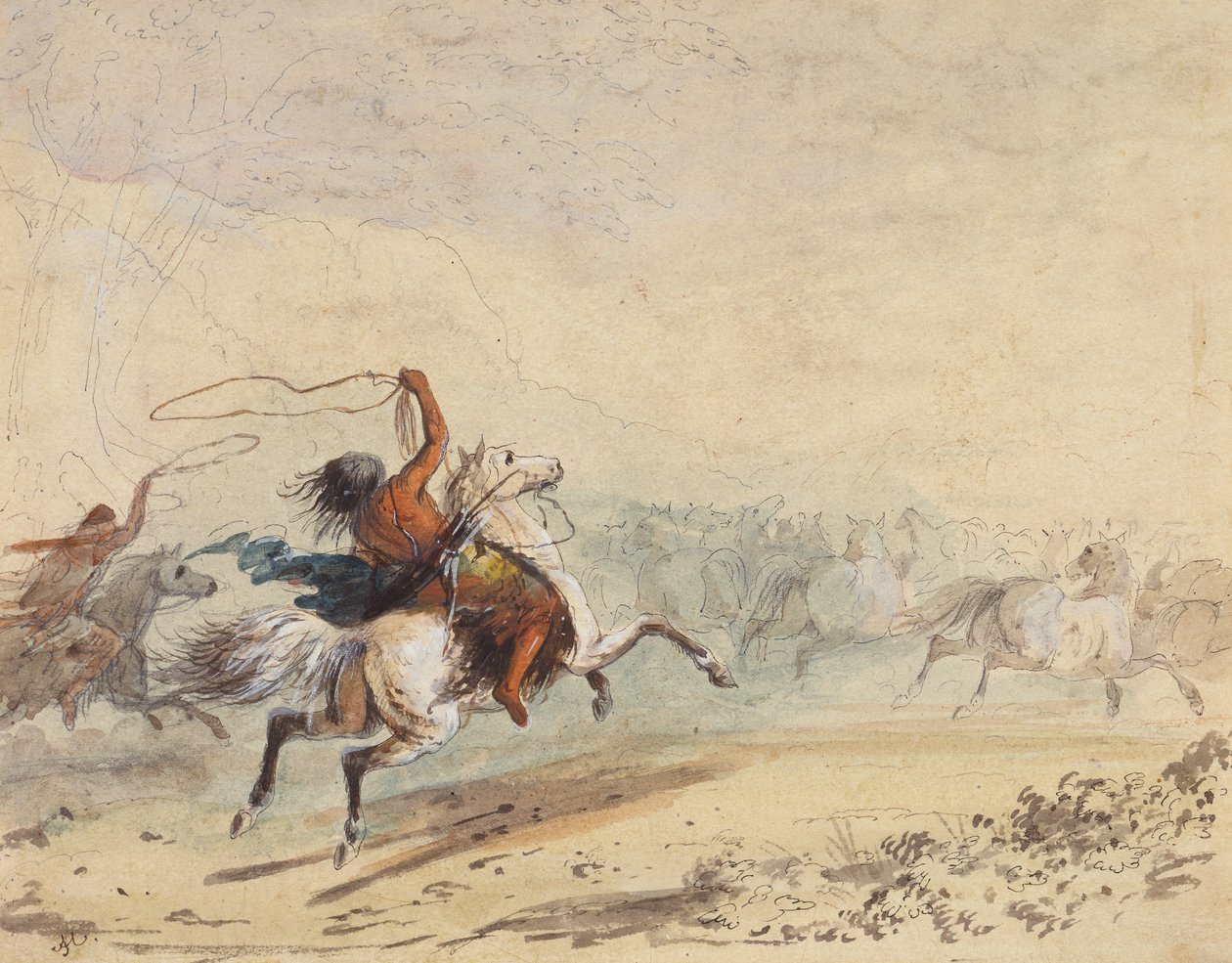 Lassoing Wild Horses ، حوالي عام 1837 (قلم رصاص وقلم وحبر وألوان مائية وغواش على ورق) بواسطة ألفريد جاكوب ميلر