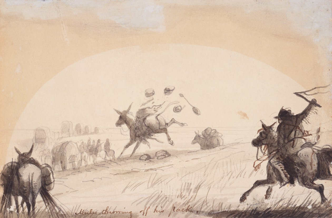 بغل يرمي حقيبته ، حوالي عام 1837 (قلم رصاص وقلم وحبر ، ويغسل على الورق) بواسطة ألفريد جاكوب ميلر