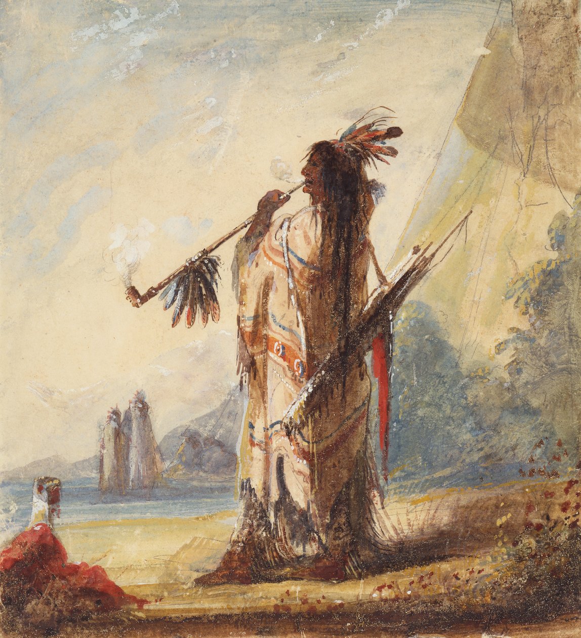 وقت الفراغ مع الكرامة تدخين الكالوميه حوالي عام 1837 (قلم رصاص وألوان مائية وغواش على ورق) بواسطة ألفريد جاكوب ميلر