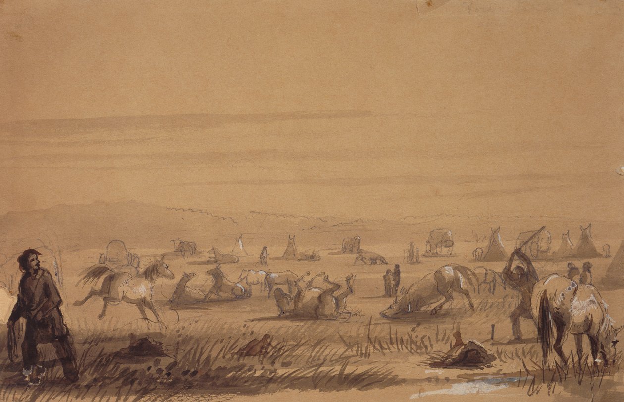 الوصول إلى المعسكر وإزالة السروج حوالي 1837 (قلم رصاص وقلم وحبر وغسل وغواش على ورق) بواسطة ألفريد جاكوب ميلر