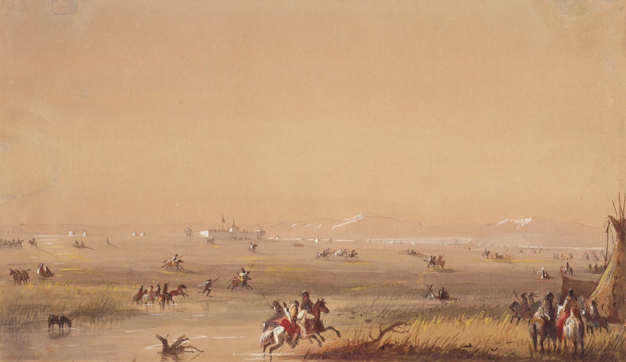 مشهد بالقرب من حصن لارامي ، حوالي عام 1837 (قلم رصاص وألوان مائية وغواش على ورق) بواسطة ألفريد جاكوب ميلر