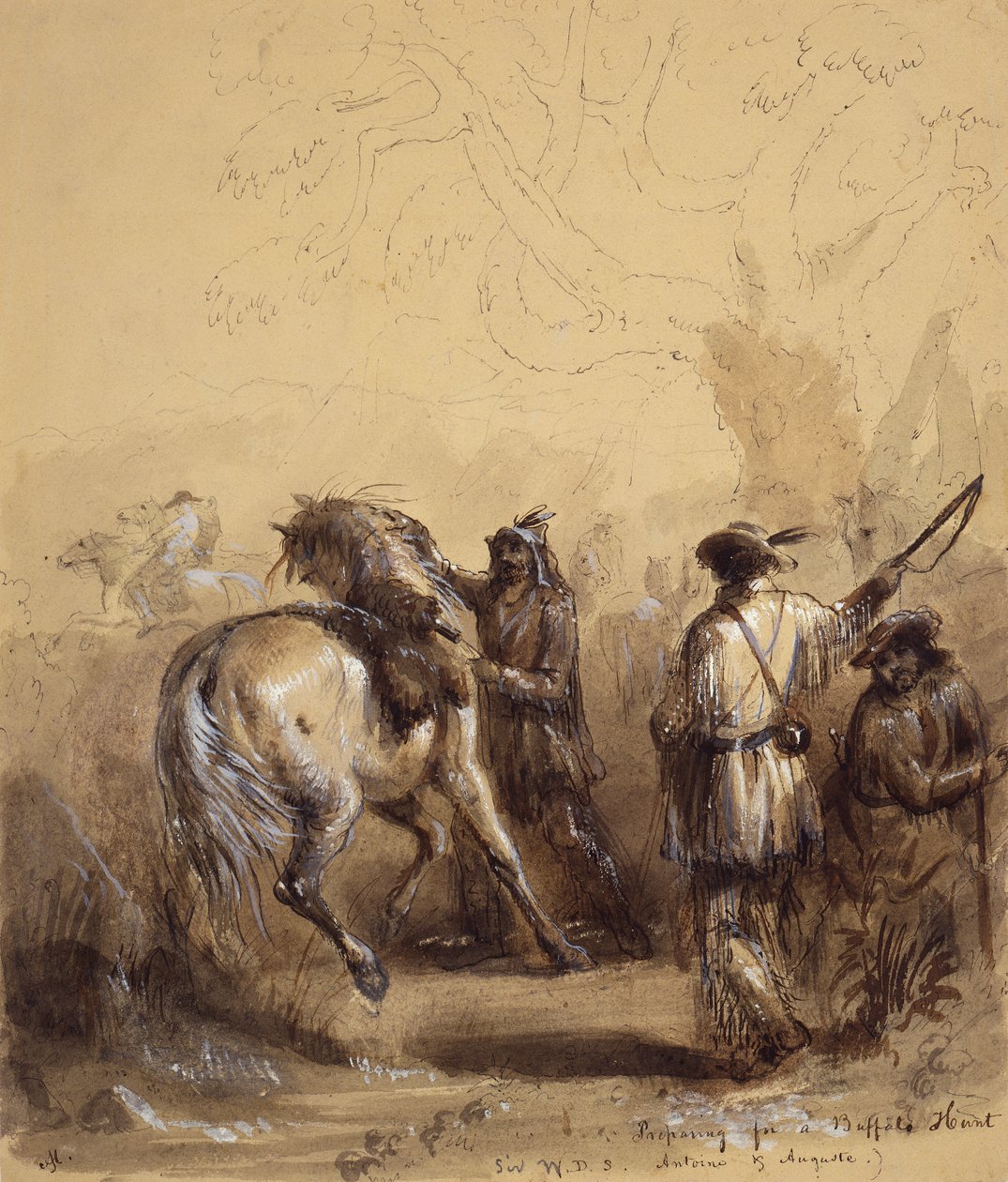 السير دبليو دي إس ، أنطوان وأوغست أو التحضير لصيد الجاموس ، حوالي عام 1837 (قلم حبر وحبر وغسل وغواش على ورق) بواسطة ألفريد جاكوب ميلر