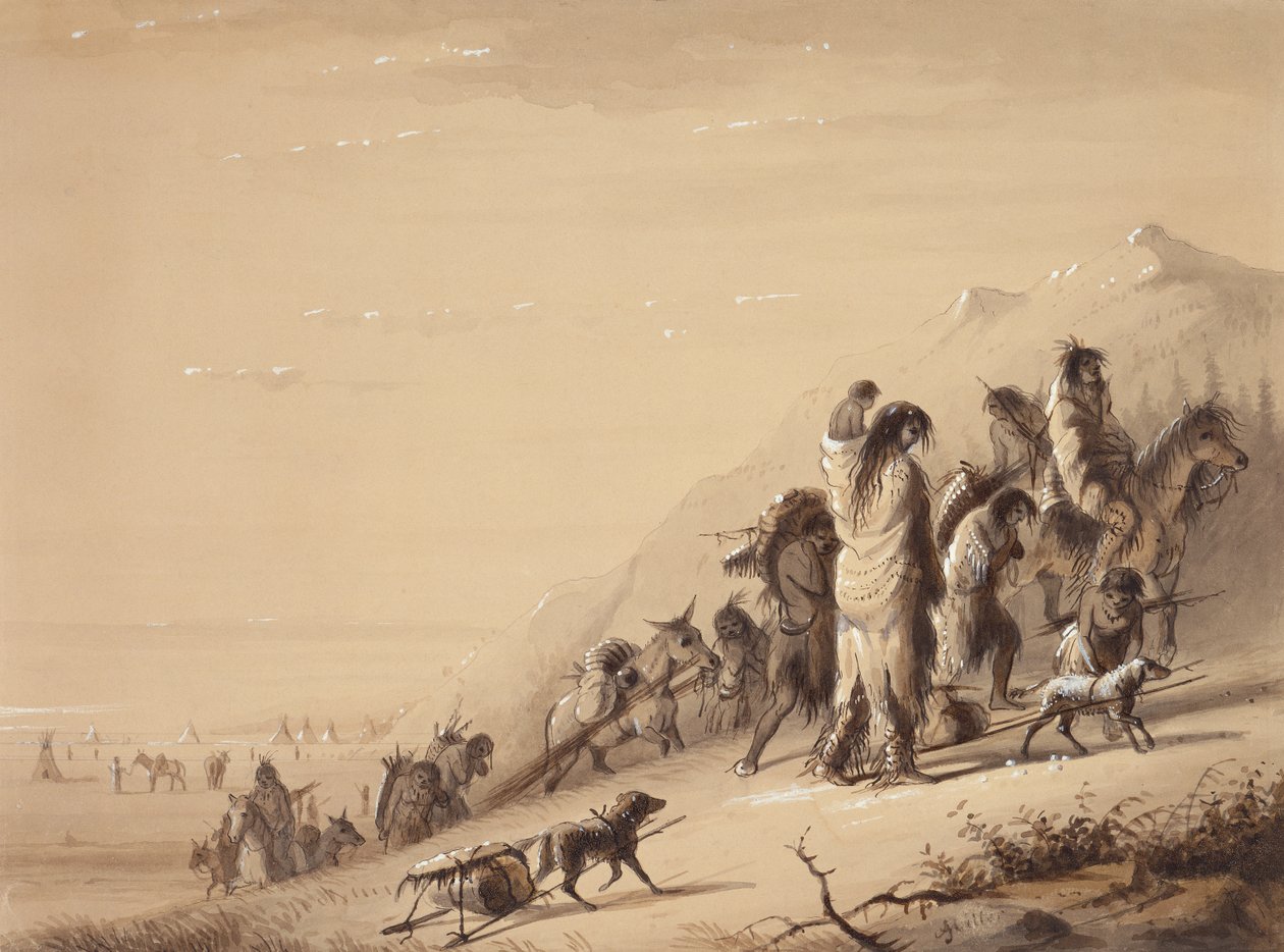 هنود الأفعى المهاجرون ، حوالي عام 1837 (قلم وحبر وغسل وغواش على ورق) بواسطة ألفريد جاكوب ميلر