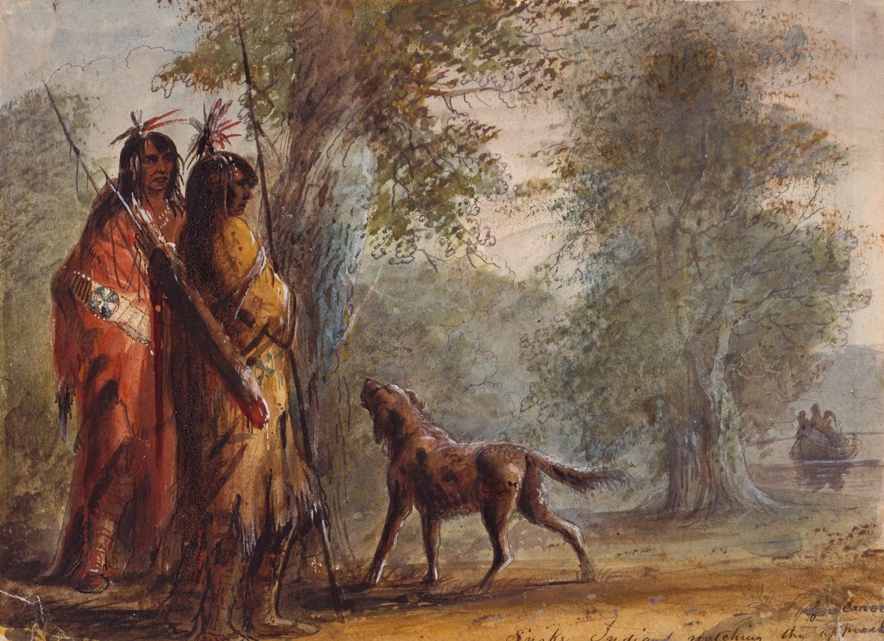 الهنود الأفعى يشاهدون نهج الزورق ، حوالي عام 1837 (قلم رصاص وألوان مائية وغواش على ورق) بواسطة ألفريد جاكوب ميلر