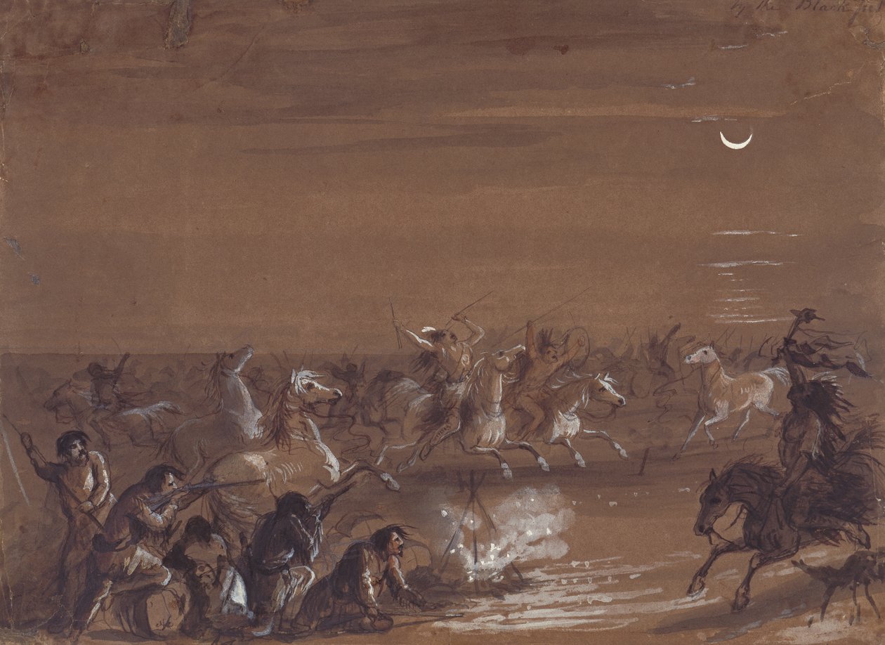 تدافع بواسطة Blackfeet ، حوالي عام 1837 (حبر ، غسيل ، وغواش على ورق غامق) بواسطة ألفريد جاكوب ميلر