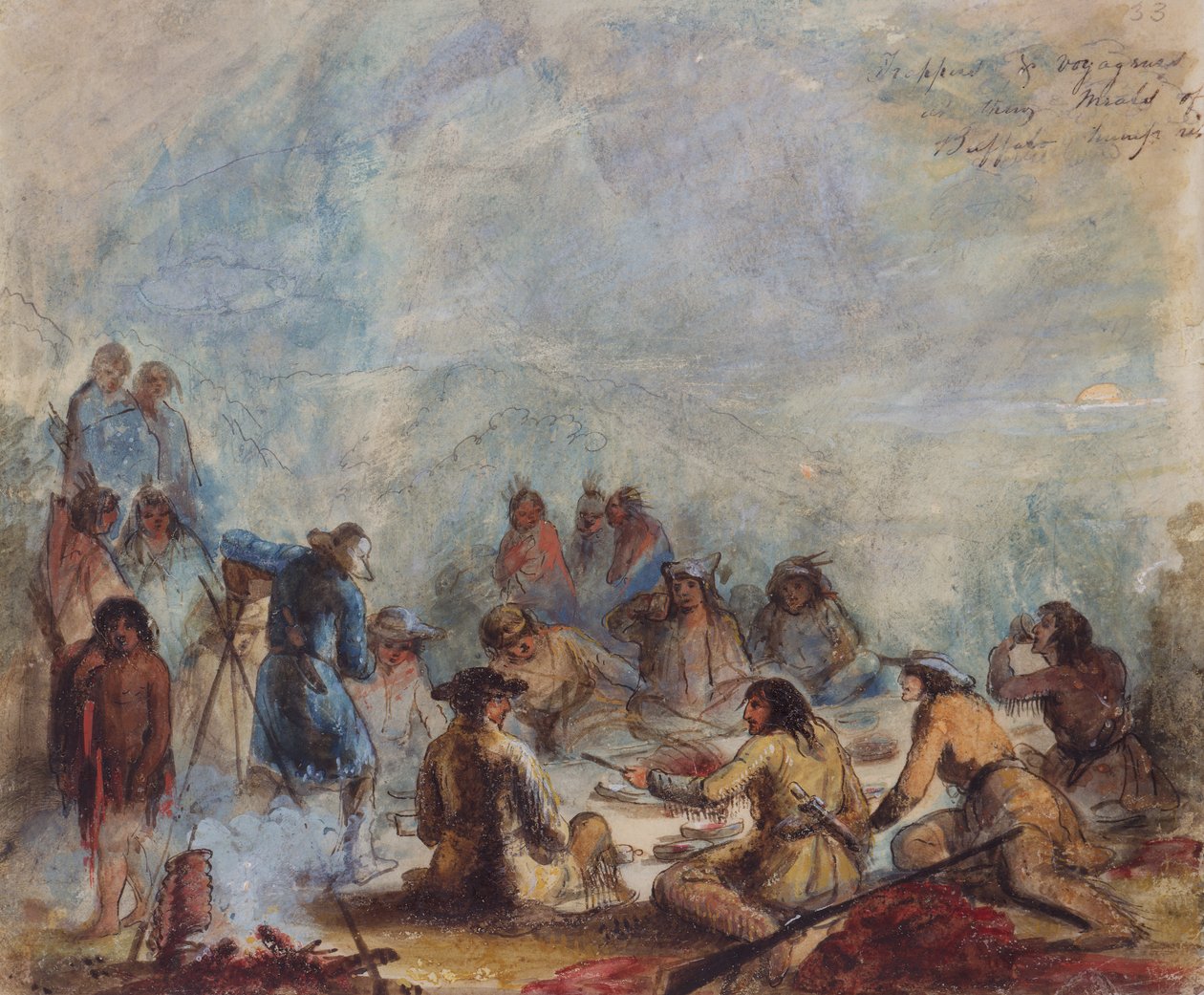 شروق الشمس والصيادون والمسافرون في وجباتهم في بافالو هامب ريب ، حوالي عام 1837 (ألوان مائية على الورق) بواسطة ألفريد جاكوب ميلر