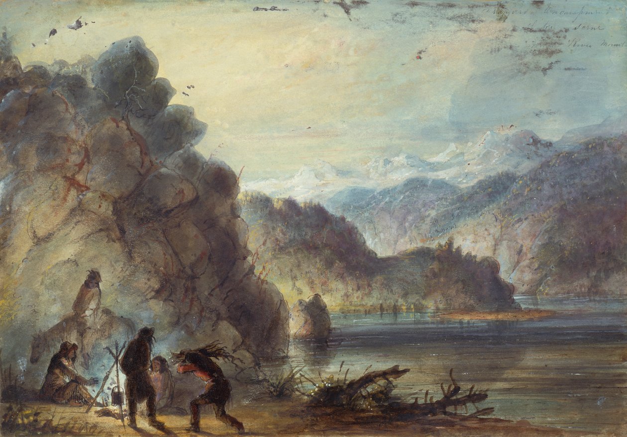 مخيم الصياد ، Lake Scene ، جبال Wind River ، حوالي عام 1837 (قلم رصاص وألوان مائية وغواش على ورق) بواسطة ألفريد جاكوب ميلر