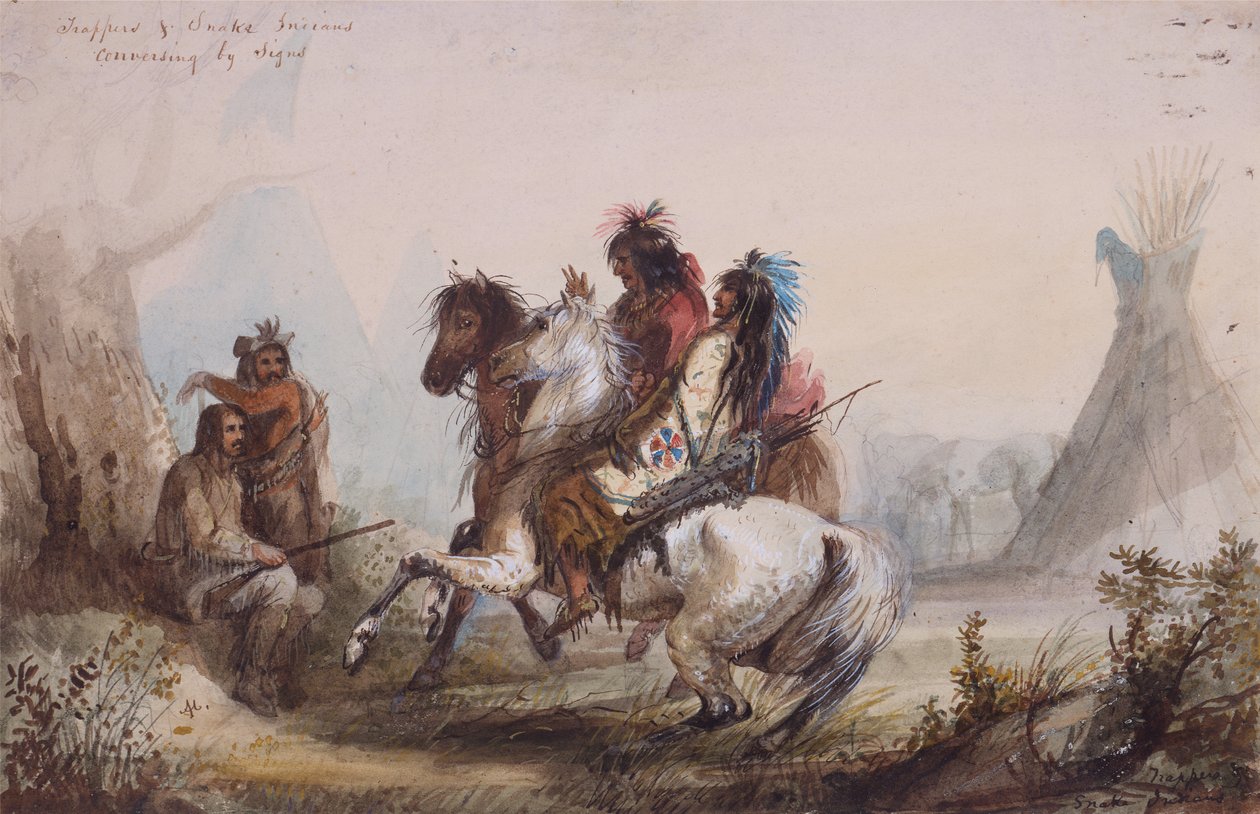 الصيادون والهنود الأفعى يتحدثون بالإشارات ، حوالي عام 1837 (قلم رصاص وألوان مائية وغواش على ورق) بواسطة ألفريد جاكوب ميلر