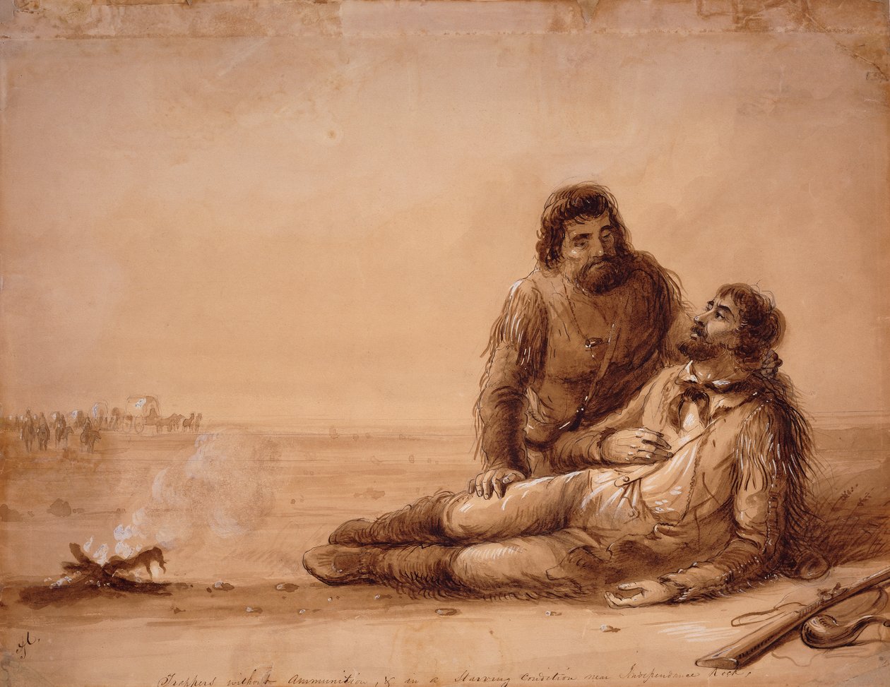 صيادون بدون ذخيرة وفي حالة جوع بالقرب من إندبندنس روك ، حوالي عام 1850 (يغسل بني داكن على الورق) بواسطة ألفريد جاكوب ميلر