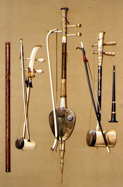 A khlui ، ثلاثة so sam sai مع أقواس و pi ، آلات تايلاندية من "Musical Instruments" (ليثو ملون) بواسطة ألفريد جيمس هيبكنز