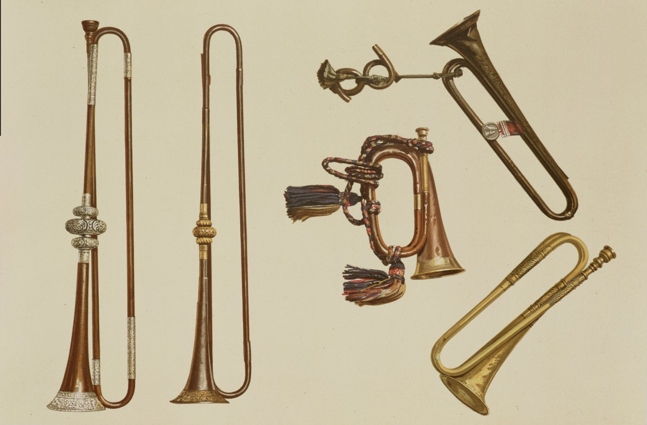 بوق الفرسان ، البوق ، البوق المذهب الذي أدلى به جون هاريس c.1730 ، البوق والبوق المثبت على الفضة بواسطة وليام بول c.1680 ، من "الآلات الموسيقية" (ليثو الملونة) بواسطة ألفريد جيمس هيبكنز