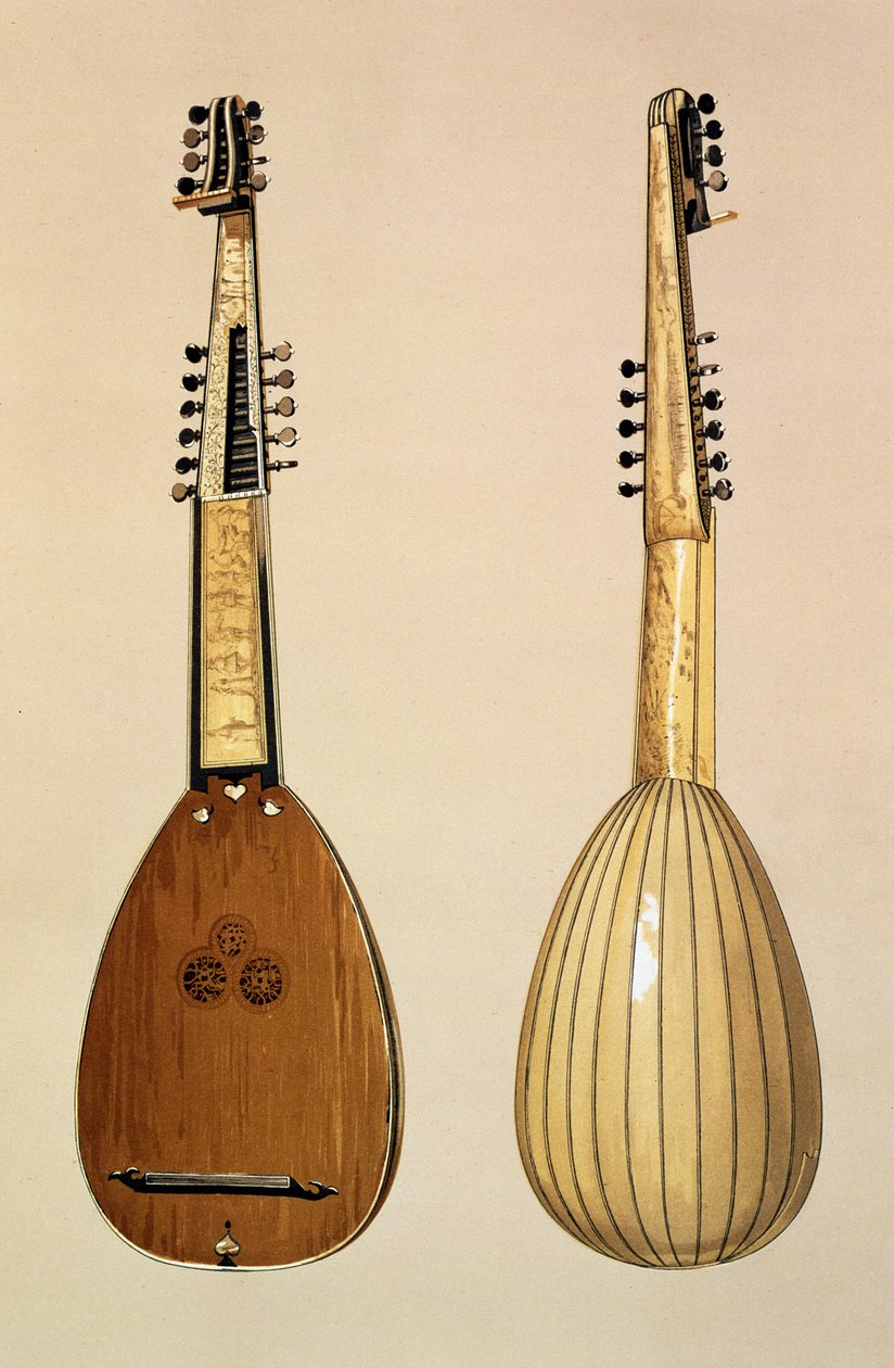 Theorbo ، من صنع جيوفاني كريبار ، بادوفا ، 1629 ، من "الآلات الموسيقية" بواسطة (ليثو ملون) بواسطة ألفريد جيمس هيبكنز