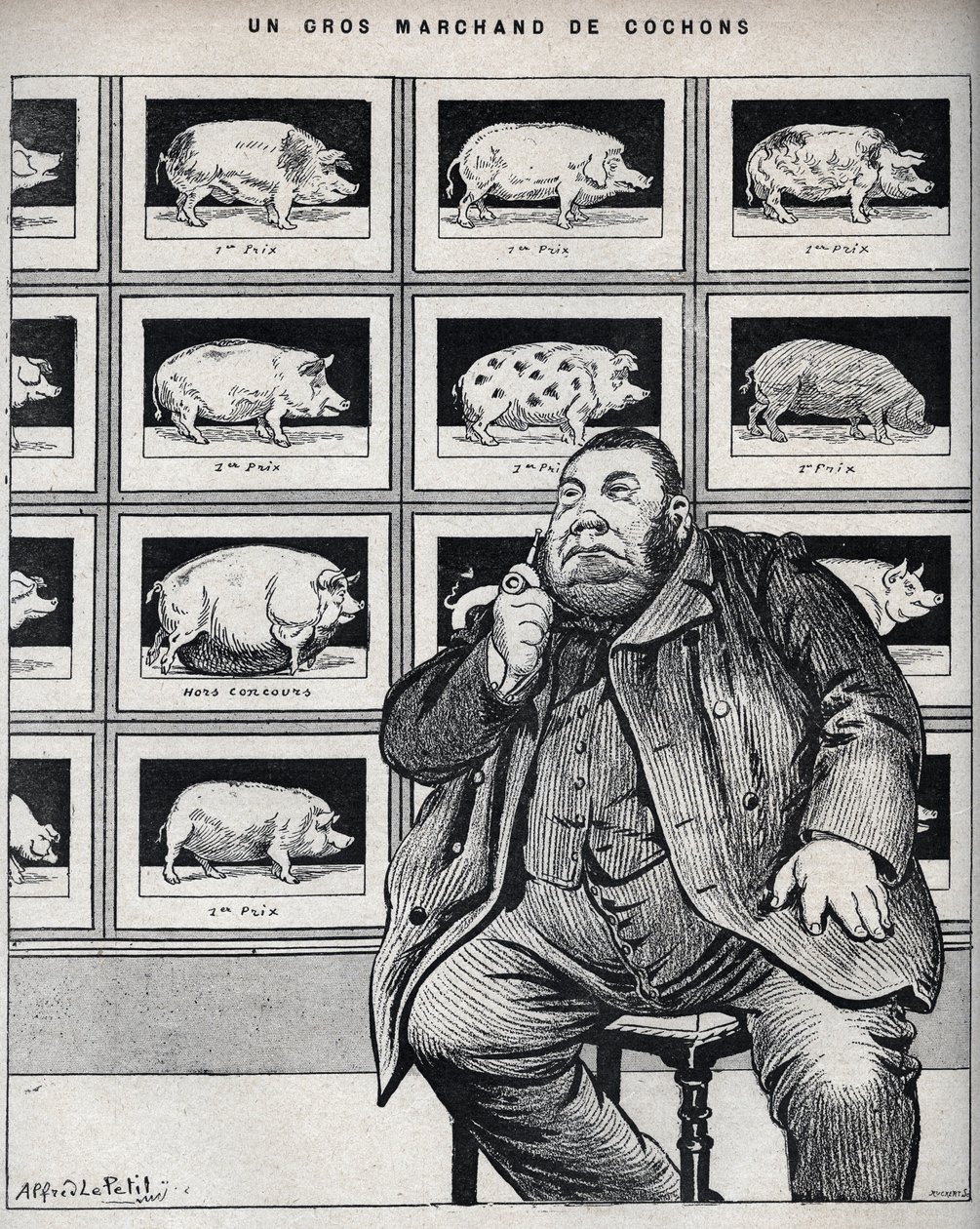 تاجر خنازير كبير - كارتون في "Le Cochon ، تذكارات نورماندي" 1898 بواسطة ألفريد لو بيتيت