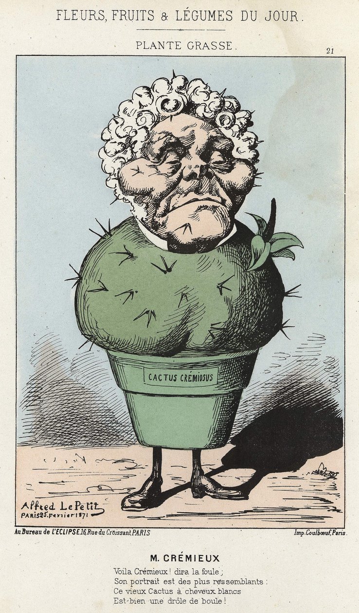 مصنع جراس: كارتون على Adolphe Crémieux - مريض. من 25/2/1871 في "زهور اليوم وفاكهة وخضار" بواسطة ألفريد لو بيتيت