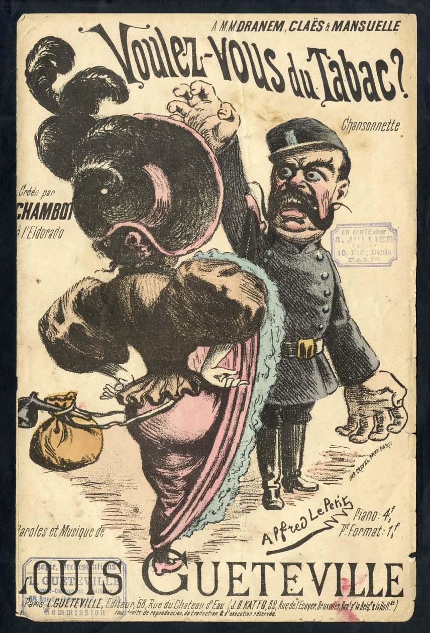 Illustration of Alfred Le Petité (1841-1909) in “” Chanson illustree””, circa 1900 - Vouvous du tabac. Louis Gueteville - Smoking, Tobacco بواسطة ألفريد لو بيتيت