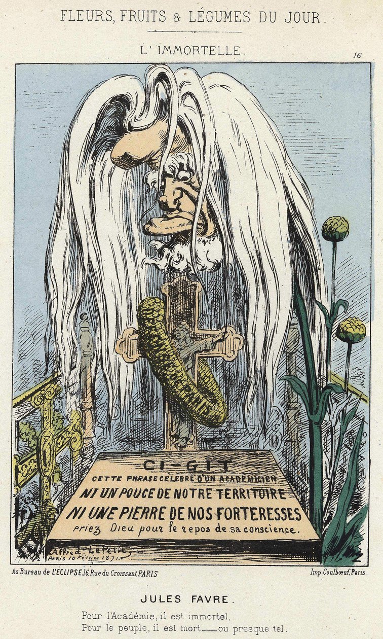 L'Immortelle: كاريكاتير عن Jules Favre - ill. من 10/2/1871 في "زهور اليوم وفاكهة وخضروات" بواسطة ألفريد لو بيتيت