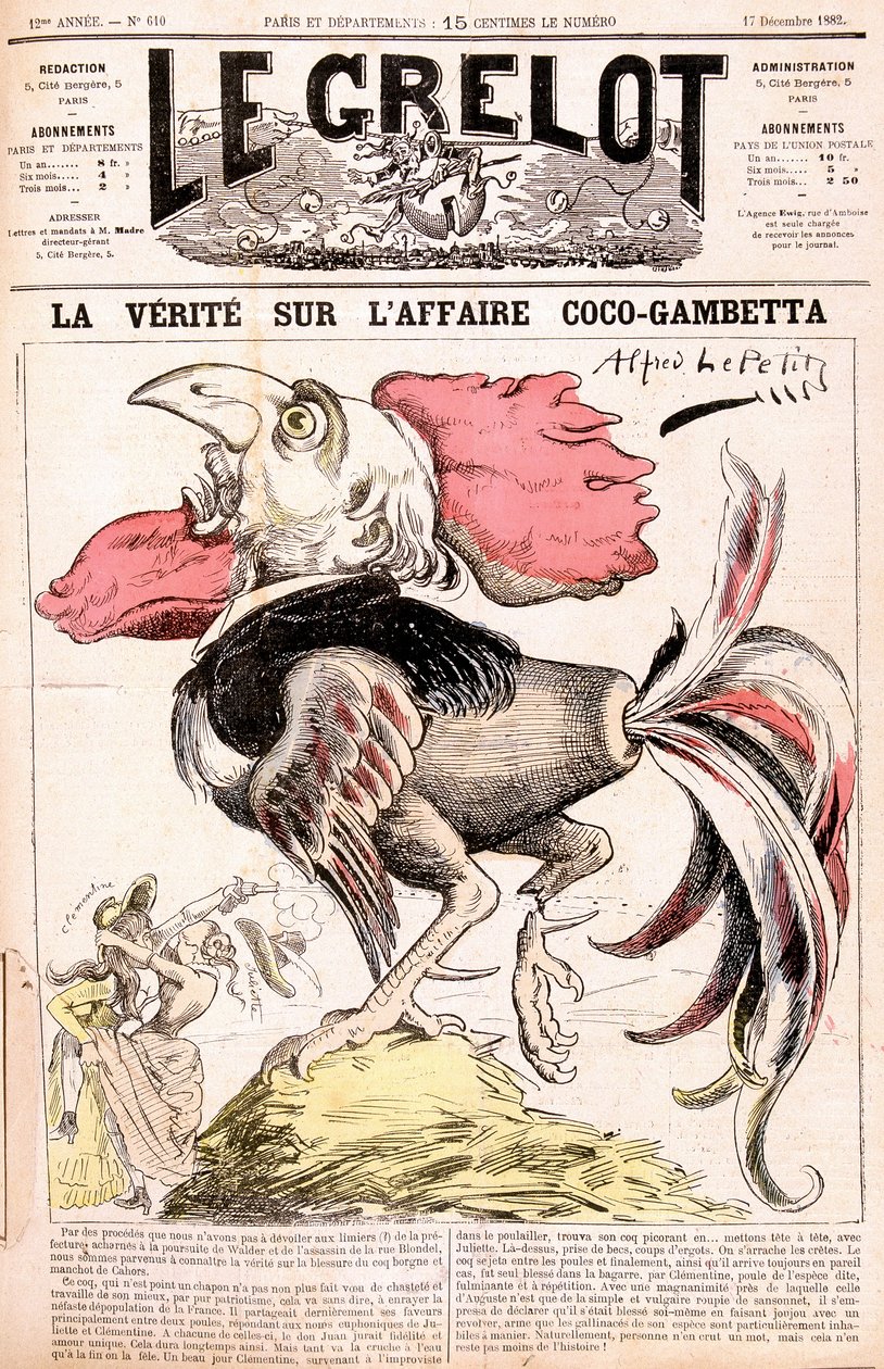 الحقيقة بشأن قضية كوكو (Gambetta et ses "" دجاجات ") - غامبيتا - بقلم ألفريد لو بيتيتي ، في" "Le Grelot" "في 17/12/1882 بواسطة ألفريد لو بيتيت