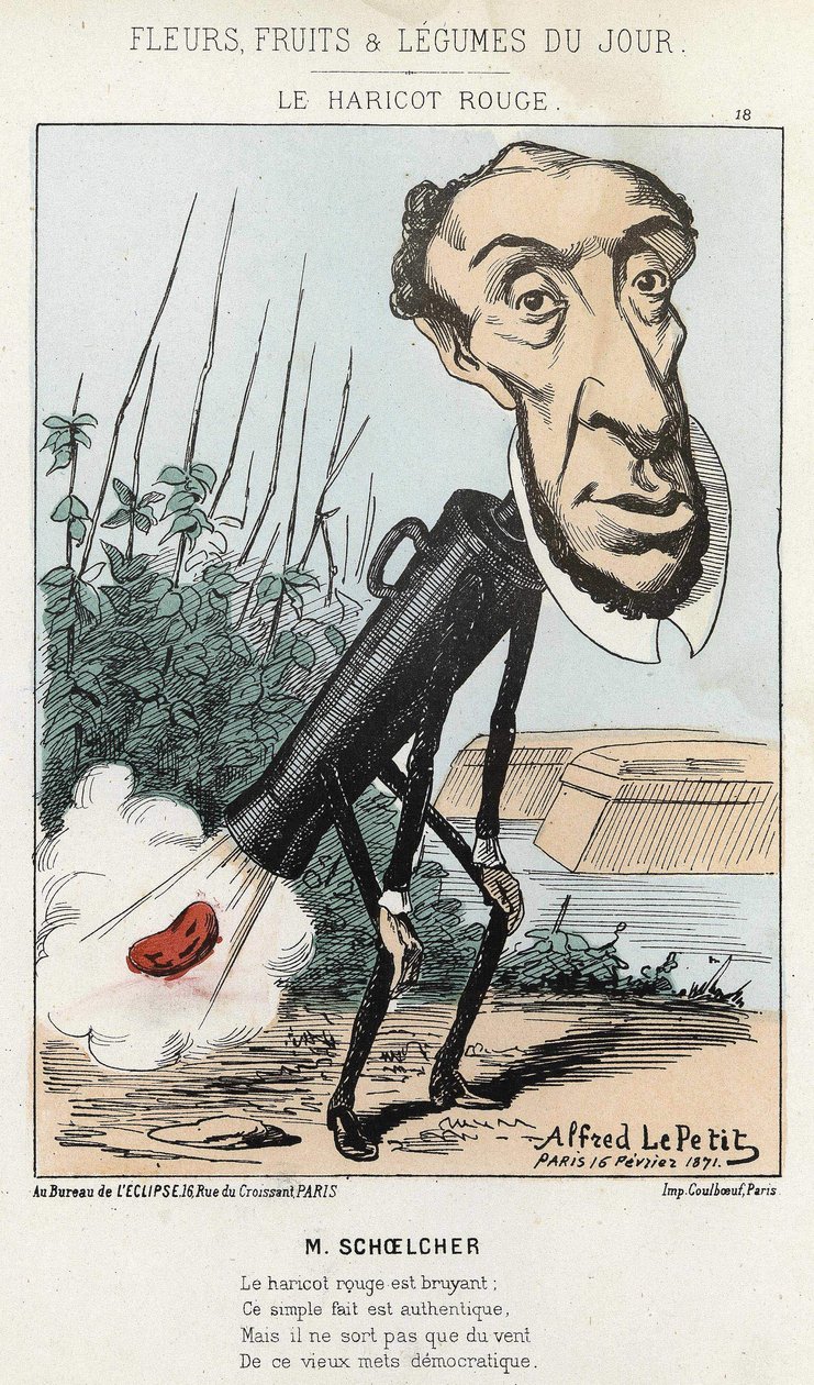 Le Bean rouge: يمثل رسم كاريكاتوري لـ Victor Schoelcher في قطار Peter a bean (fart) - مريض. بتاريخ 16/2/1871 ألفريد لو بيتيت في "" زهور وفاكهة وخضار اليوم "". بواسطة ألفريد لو بيتيت