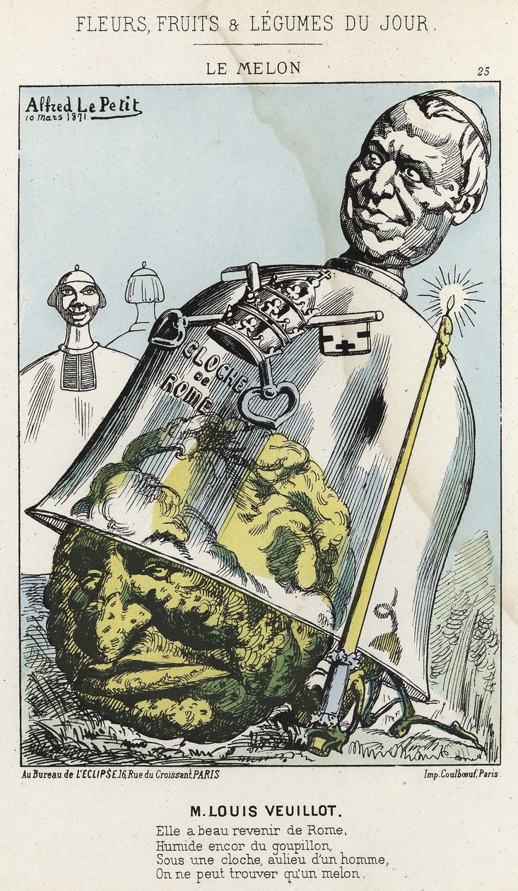 Le Melon: رسم كاريكاتوري عن Louis Veuillot - ill. من 1871/10/03 في "زهور اليوم وفاكهة وخضروات" بواسطة ألفريد لو بيتيت