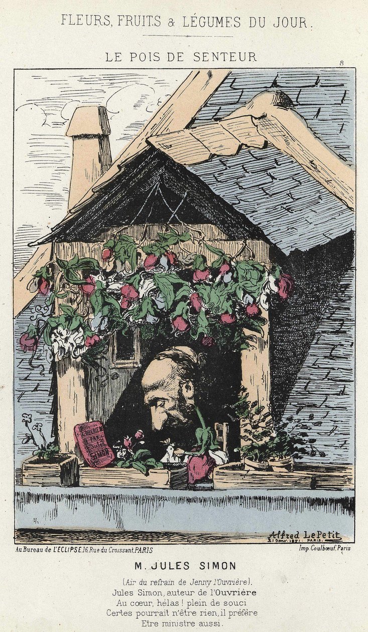 Le Peas de Fragreur: رسم كاريكاتوري عن Jules Simon (1814 - 1896) - مريض. من 12/01/187 في "زهور اليوم ، فواكه وخضروات" بواسطة ألفريد لو بيتيت