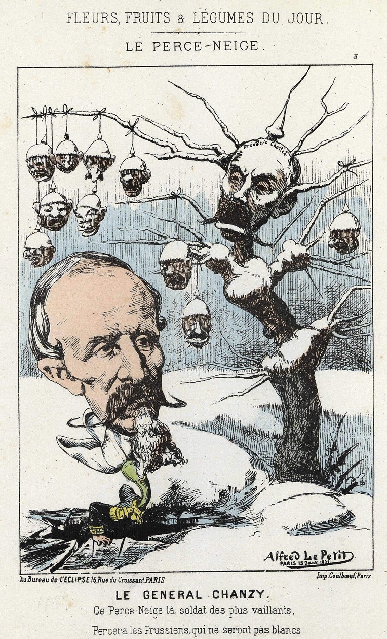 Le Perce-Neige: رسم كاريكاتوري عن الجنرال أنطوان ألفريد أوجين تشانزي (1823 - 1883) - مريض. من 15/1/1871 في "زهور اليوم وفاكهة وخضار" بواسطة ألفريد لو بيتيت