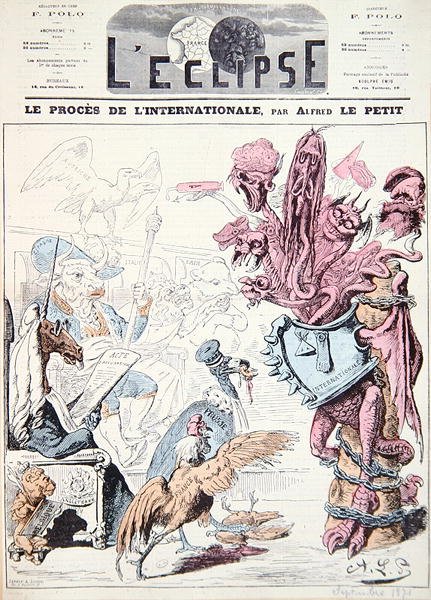 'Le Proces de l'Internationale' ، الغلاف الأمامي لمجلة 'L'Eclipse' ، سبتمبر 1871 (لون ليثو) بواسطة ألفريد لو بيتيت