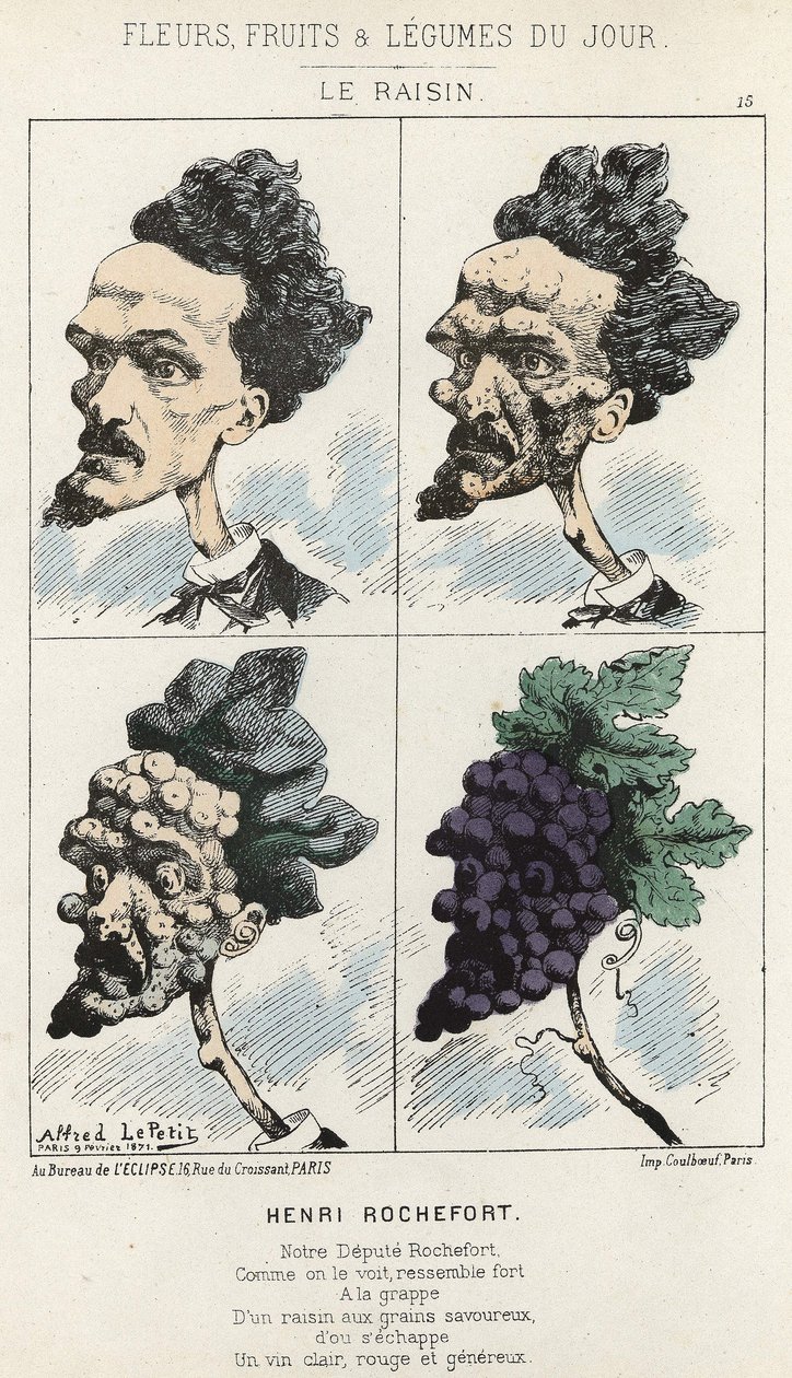 Le Raisin: رسم كاريكاتوري على Henri Rochefort - مريض. من 09/02/1871 في "زهور اليوم وفاكهة وخضار" بواسطة ألفريد لو بيتيت