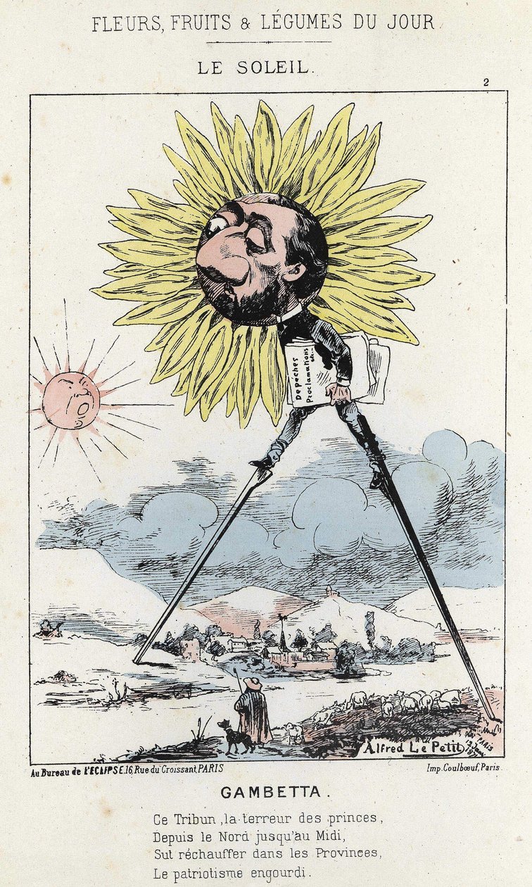 Le Soleil (عباد الشمس): كاريكاتير عن جامبيتا (1838 - 1882) - مريض. من 12/01/1871 في "زهور اليوم وفاكهة وخضار" بواسطة ألفريد لو بيتيت
