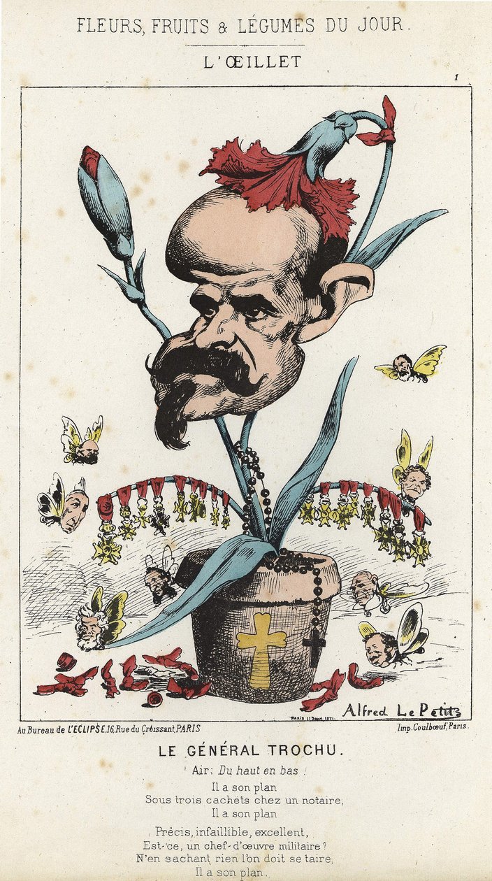 القرنفل: رسم كاريكاتوري للجنرال لويس جول تروشو (1815 - 1896) - مريض. بتاريخ 11/1/1871 بعنوان "زهور اليوم وفاكهة وخضار". بواسطة ألفريد لو بيتيت