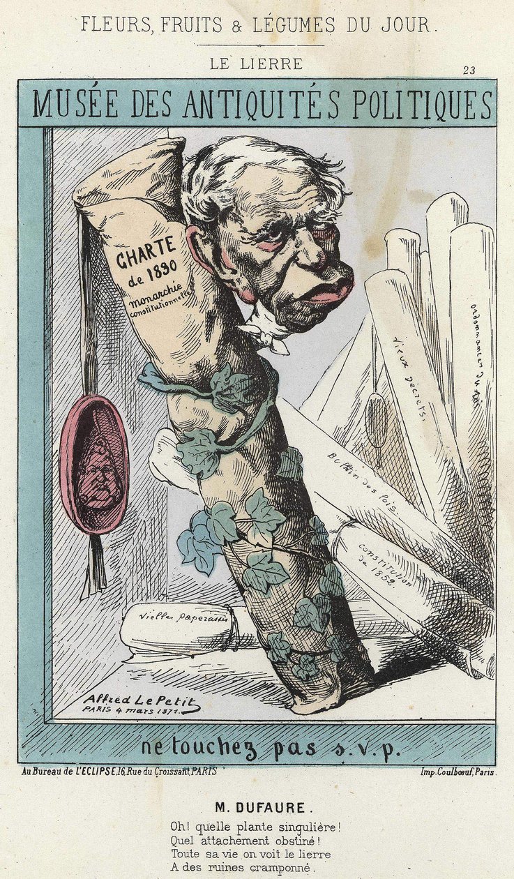 اللبلاب: رسم كاريكاتوري لجول أرماند (جول أرماند) دوفور (1798-1881) محاطًا بلفافة من الورق مكتوب عليها "ميثاق 1830" وختم برأس الملك لويس فيليب الأول. - سوف. من 04/03/1871 في "الزهور والفواكه والخضروات من بواسطة ألفريد لو بيتيت