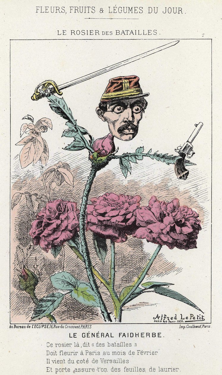The Rosier des Battailles: رسم كاريكاتوري عن الجنرال فيدربس - مريض. من 20/01/1871 في "زهور اليوم وفاكهة وخضروات". بواسطة ألفريد لو بيتيت