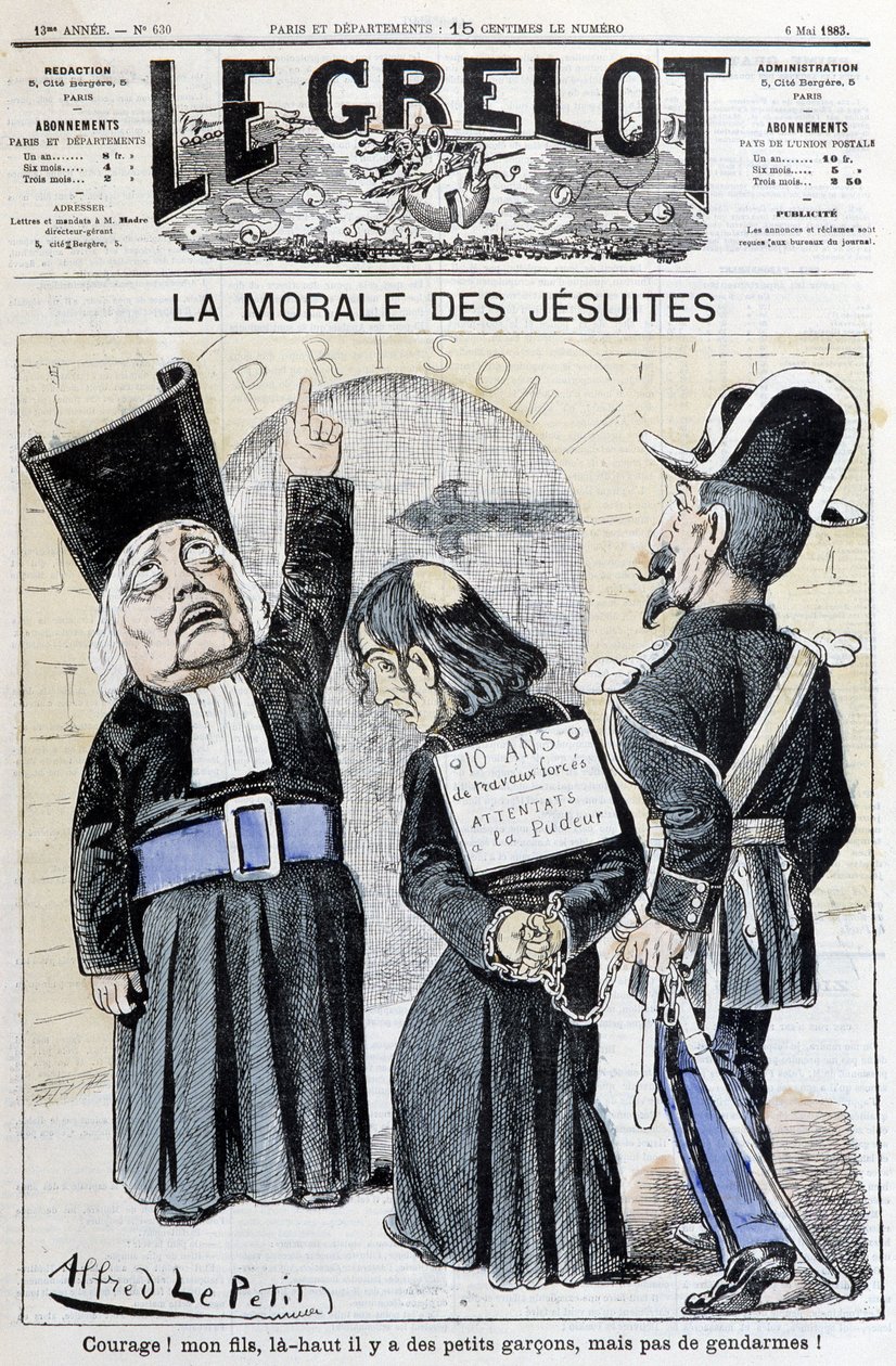 مغزى اليسوعيين "شجعوا! ابني ، في الأعلى هناك صبية صغار ، لكن الدرك! " ، مايو 1883 (نقش) بواسطة ألفريد لو بيتيت