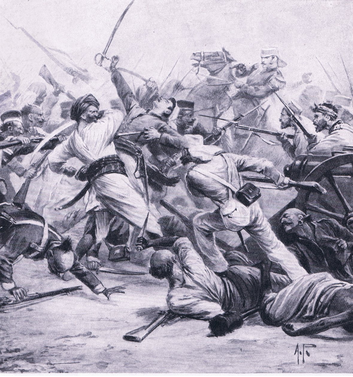 هزم نيكولسون المتمردين في النجفجار ، 2 أغسطس 1857 ، رسم توضيحي من المعارك البريطانية في البر والبحر ، 1915 بواسطة ألفريد بيرس