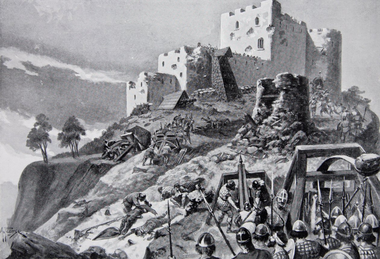 The Welsh attack on Montgomery Castle in 1095 led by Cadwgan ap Bleddyn, Prince of Powys, illustration from 