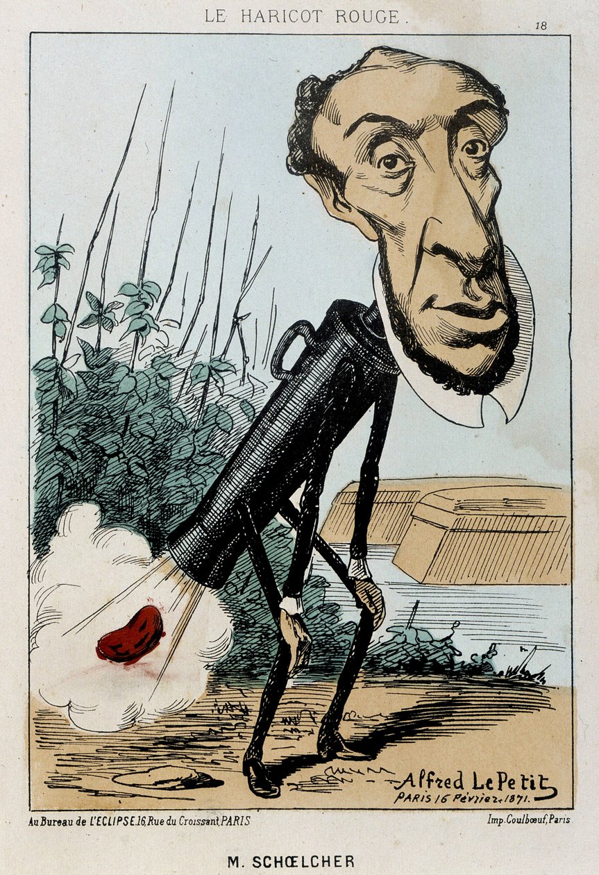Le Bean rouge: صورة كاريكاتورية لفيكتور شولشر ممثلة في قطار بيتر أ فول (فارت) - سيئة. بتاريخ 16/2/1871 في "زهور اليوم وفاكهة وخضار". بواسطة ألفريد بيتي