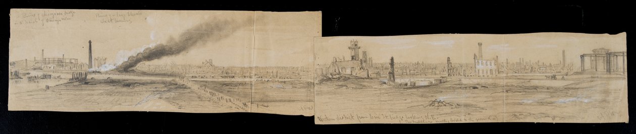 المنطقة الشمالية من جسر إيري ستريت ، باتجاه الشرق ، خلال حريق شيكاغو عام 1871 (قلم رصاص وطباشير على ورق) بواسطة ألفريد رودولف واود