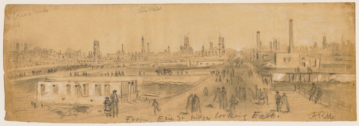 منظر من جسر إيري ستريت يطل على الشرق أثناء حريق شيكاغو عام 1871 بواسطة ألفريد رودولف واود